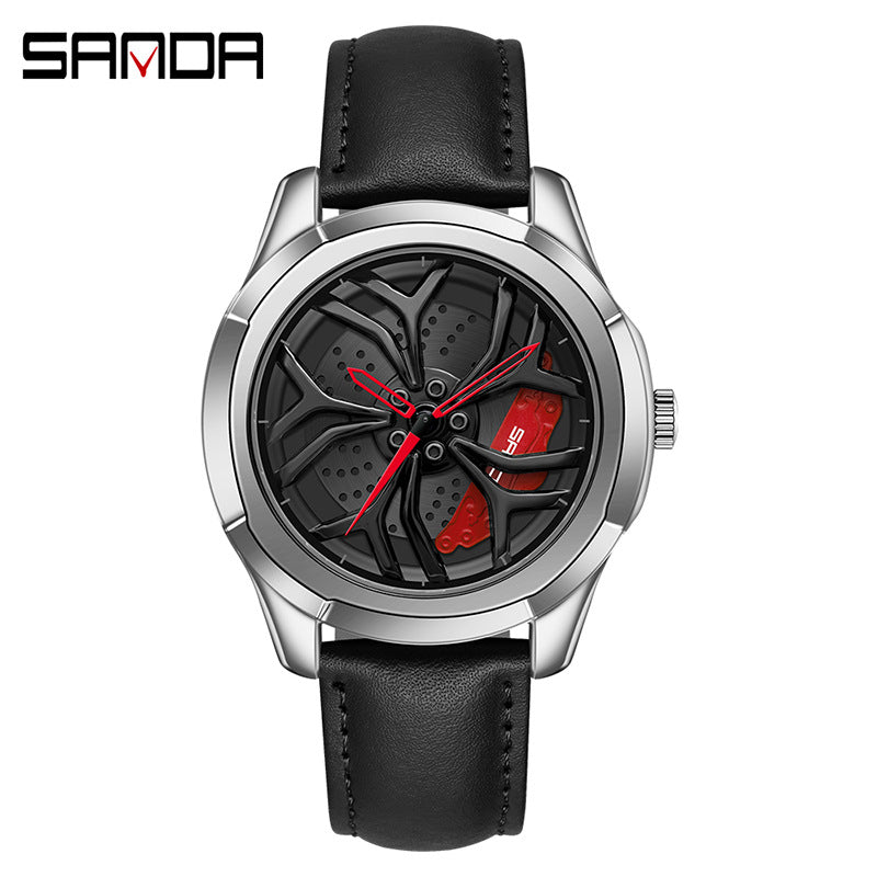 Sanda Men's Quartz Watch – Hollow Wheel Design, Leather Strap, Waterproof Timepiece