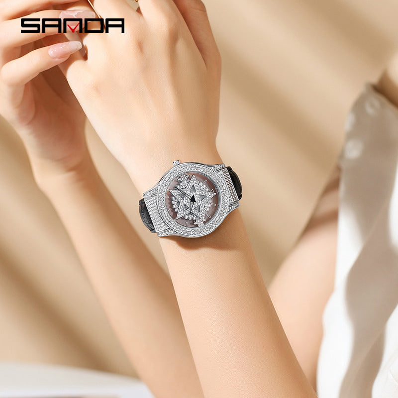 SANDA Women's Star Quartz Watch – Waterproof Leather Strap Casual Ladies Timepiece