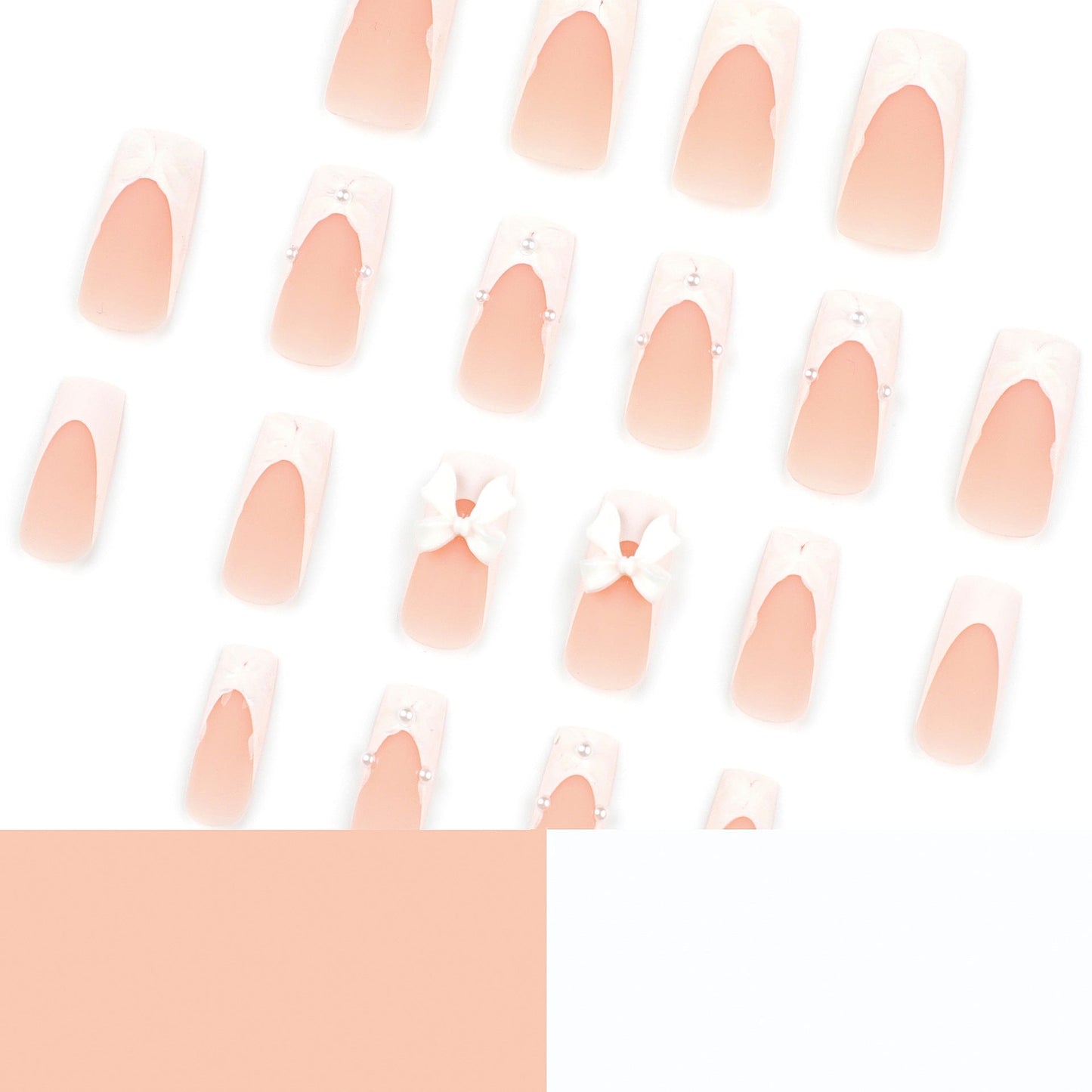 Long Coffin Luxe Bridal Press-On Nails – Nude White with 3D Bows & Pearl Accents