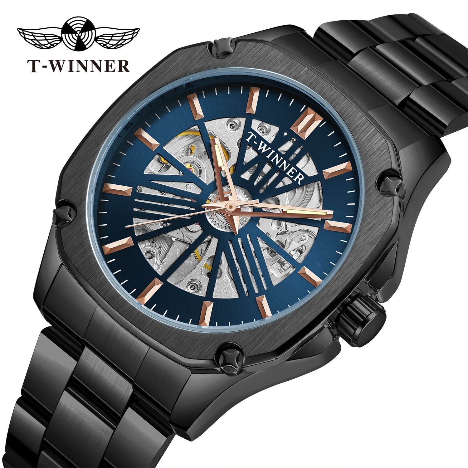 T-Winner Men’s Square Skeleton Automatic Mechanical Watch – Luminous Dial