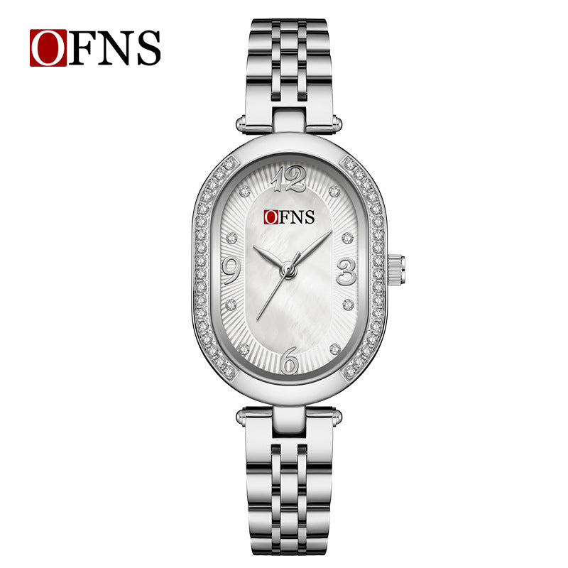 OFNS Diamond Oval Quartz Watch – Waterproof Fashion Watch for Women with Steel Strap