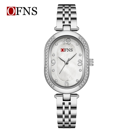 OFNS Diamond Oval Quartz Watch – Waterproof Fashion Watch for Women with Steel Strap