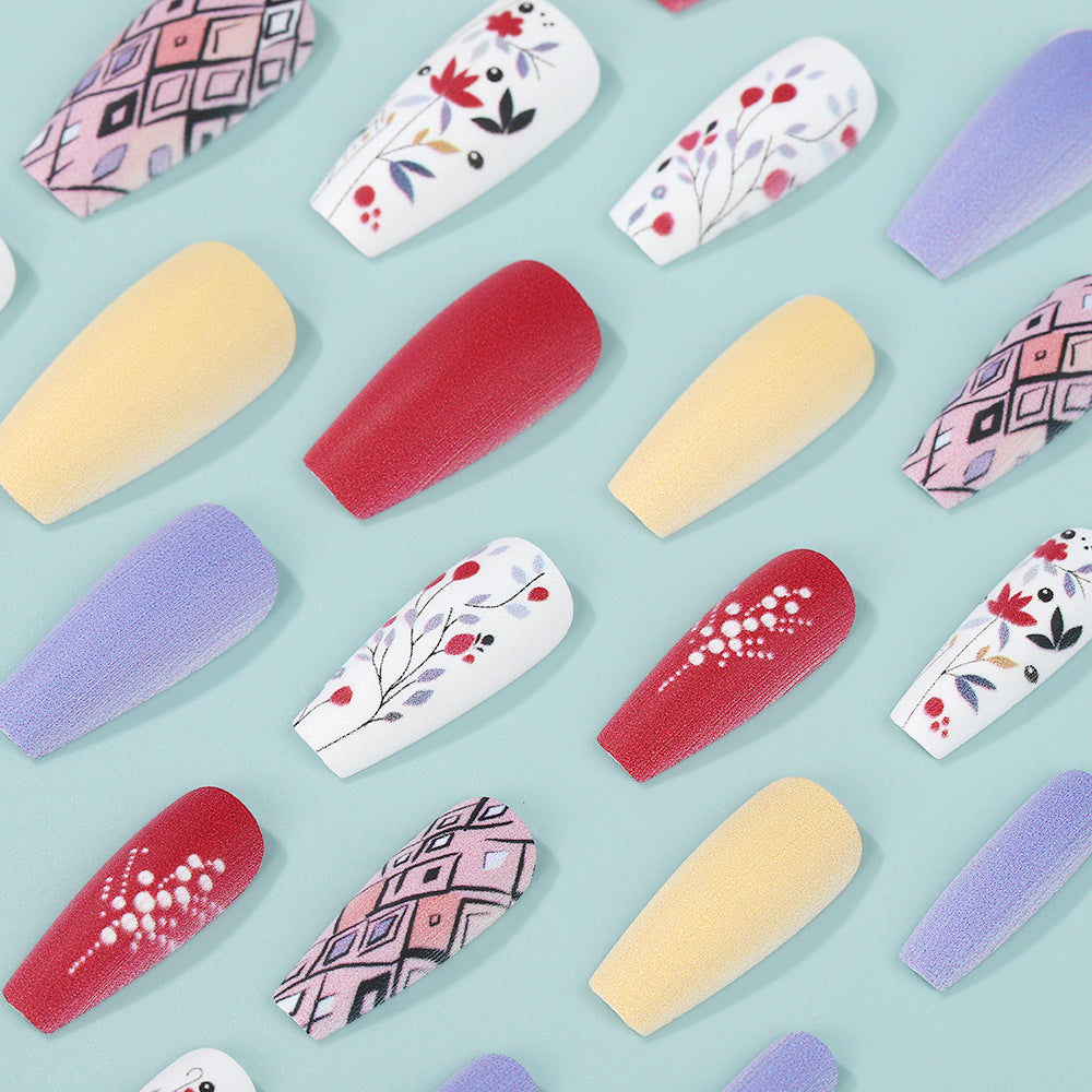 Long Coffin Press-On Nails – Matte Floral & Geometric Acrylic Nail Art Set