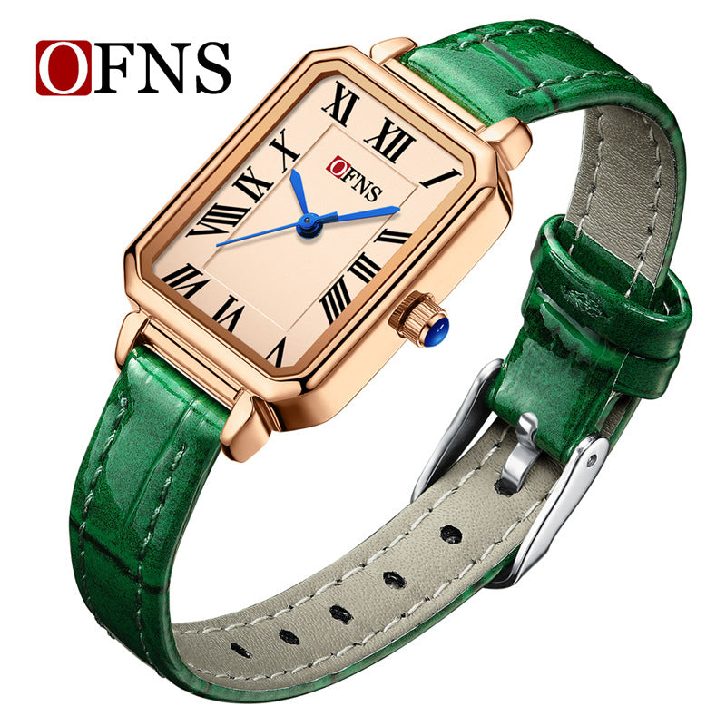 OFNS Women’s Square Quartz Watch – Roman Dial, Leather Strap & Waterproof Design
