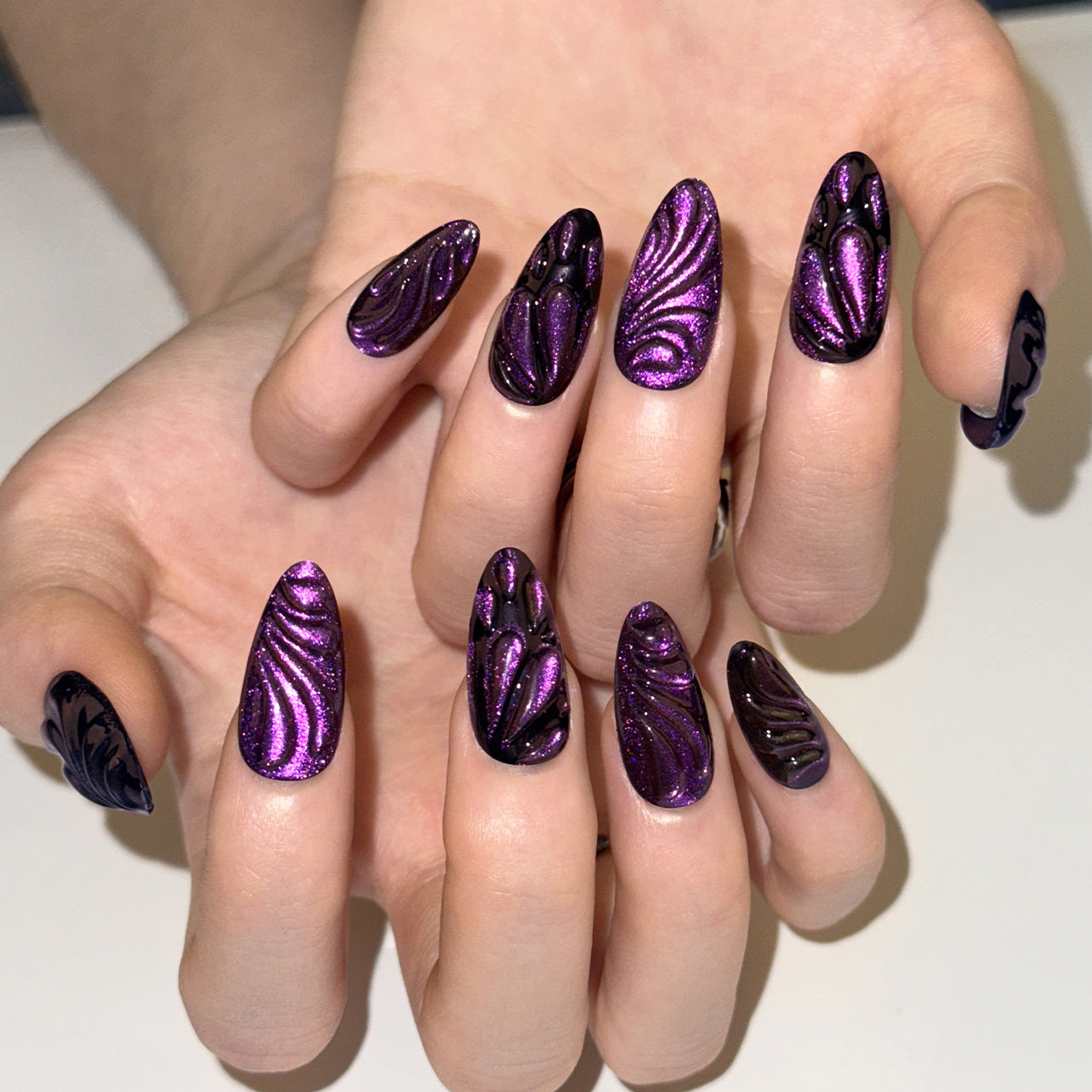 Long Almond Purple & Black 3D Press-On Nails – Glittery, Glossy, Artistic Design