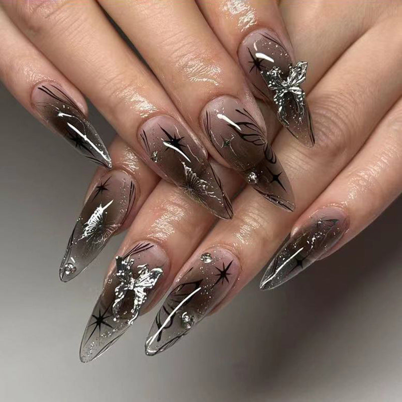 Celestial Glam Stiletto Press-On Nails – Long Nude Black with Silver Butterflies & Stars