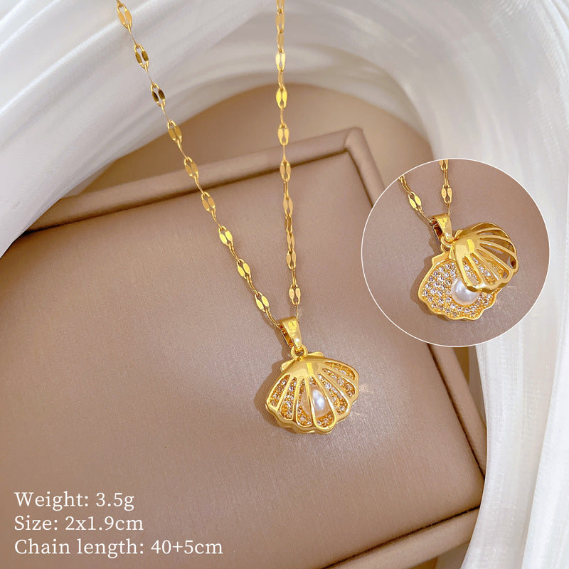 Luxury Zircon Shell Pearl Necklace – Titanium Steel Pendant with Micro-Inlaid Pearl