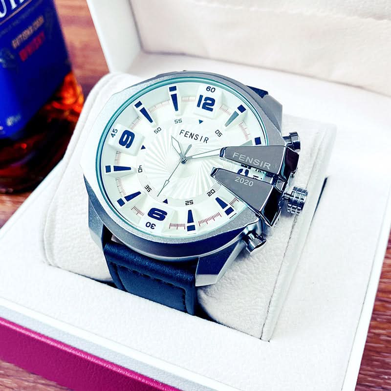 Men’s Oversized Quartz Watch with Calendar –Leather Strap Business Casual Timepiece