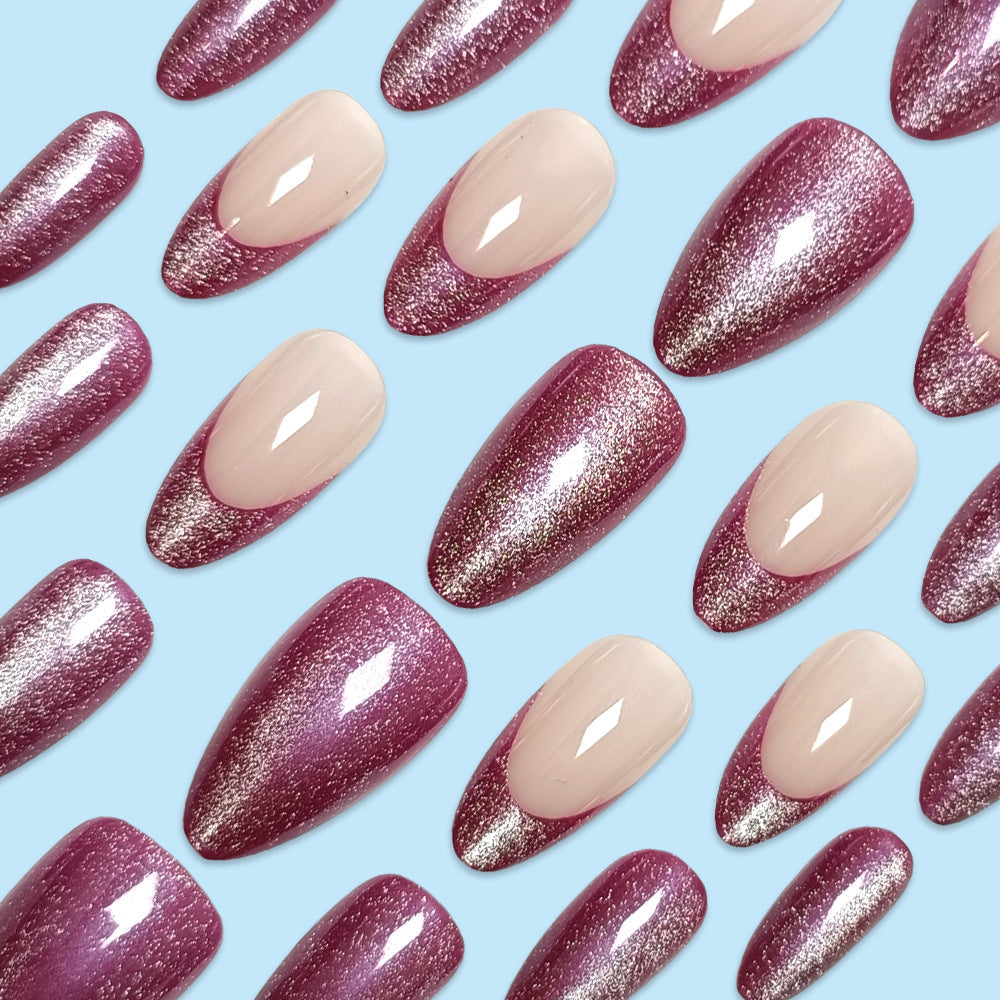 Shimmery French Tip Press-On Nails with Glitter Ombre, Almond Acrylic Glue-On Set