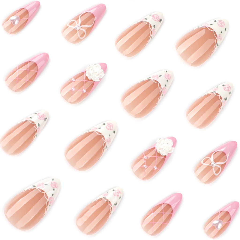 Sweet Lace Floral Press-On Nails – 3D Camellia Design, Glossy Almond Shape