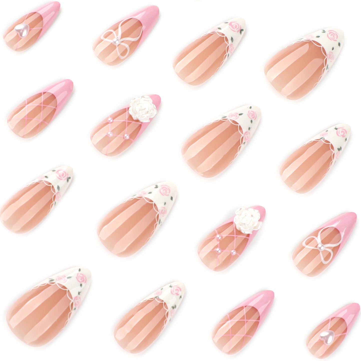 Sweet Lace Floral Press-On Nails – 3D Camellia Design, Glossy Almond Shape