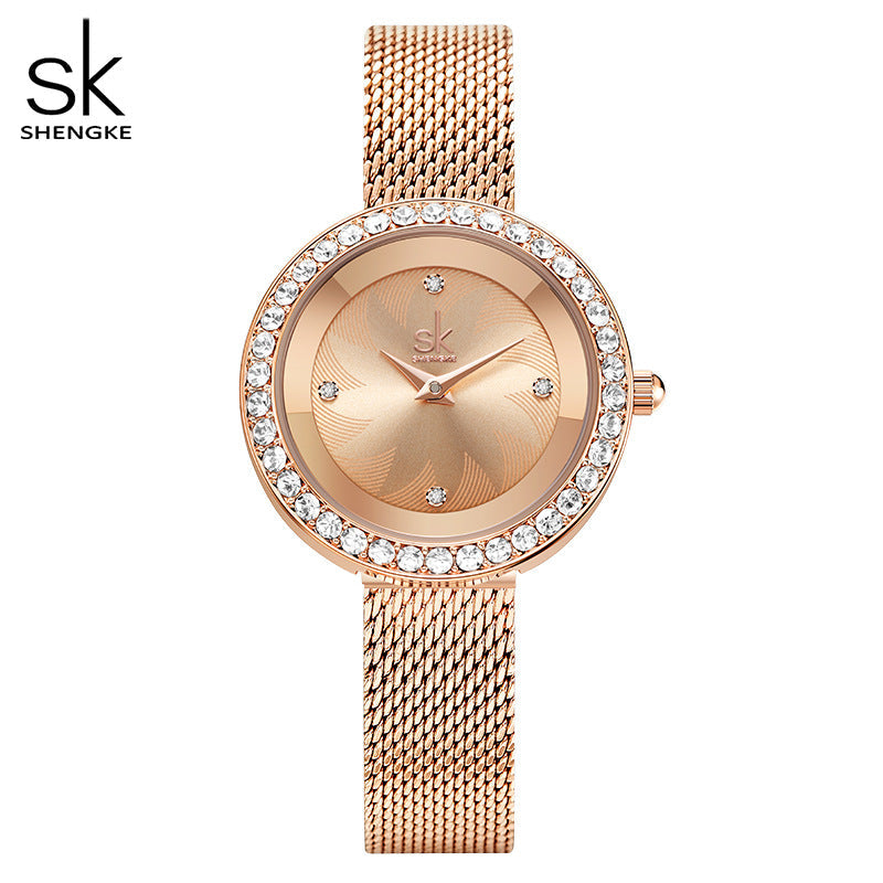 SK Women’s Diamond Quartz Watch – Luxury Mesh Strap, 30M Waterproof Wristwatch
