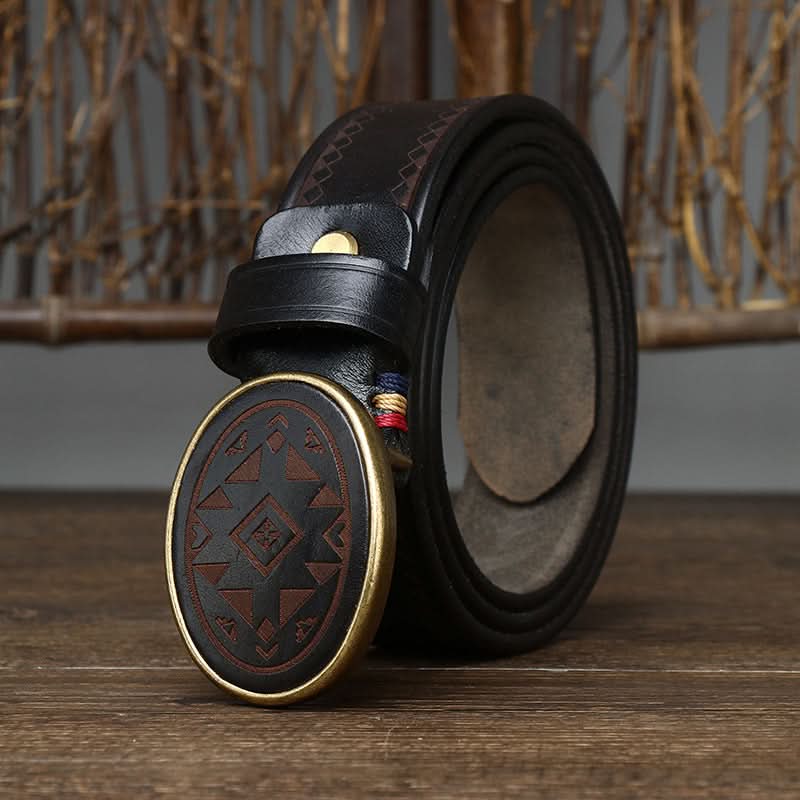 Men's Retro Style Laser Engraved Pattern Leather Belt – Classic Vintage Style