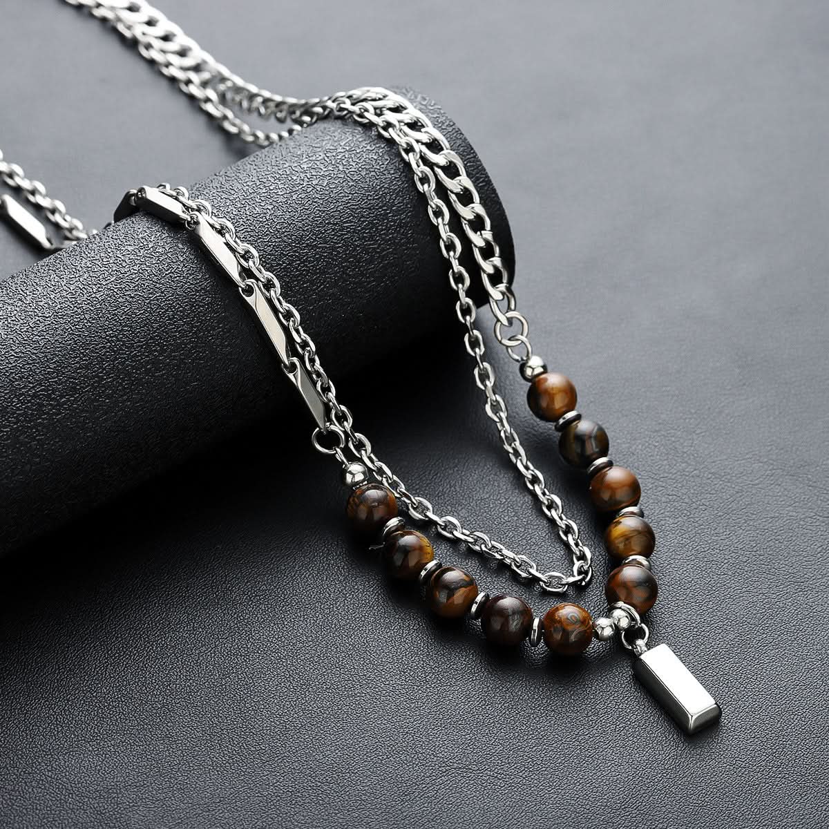 Men’s Tiger Eye Stone Necklace – Geometric Square Pendant