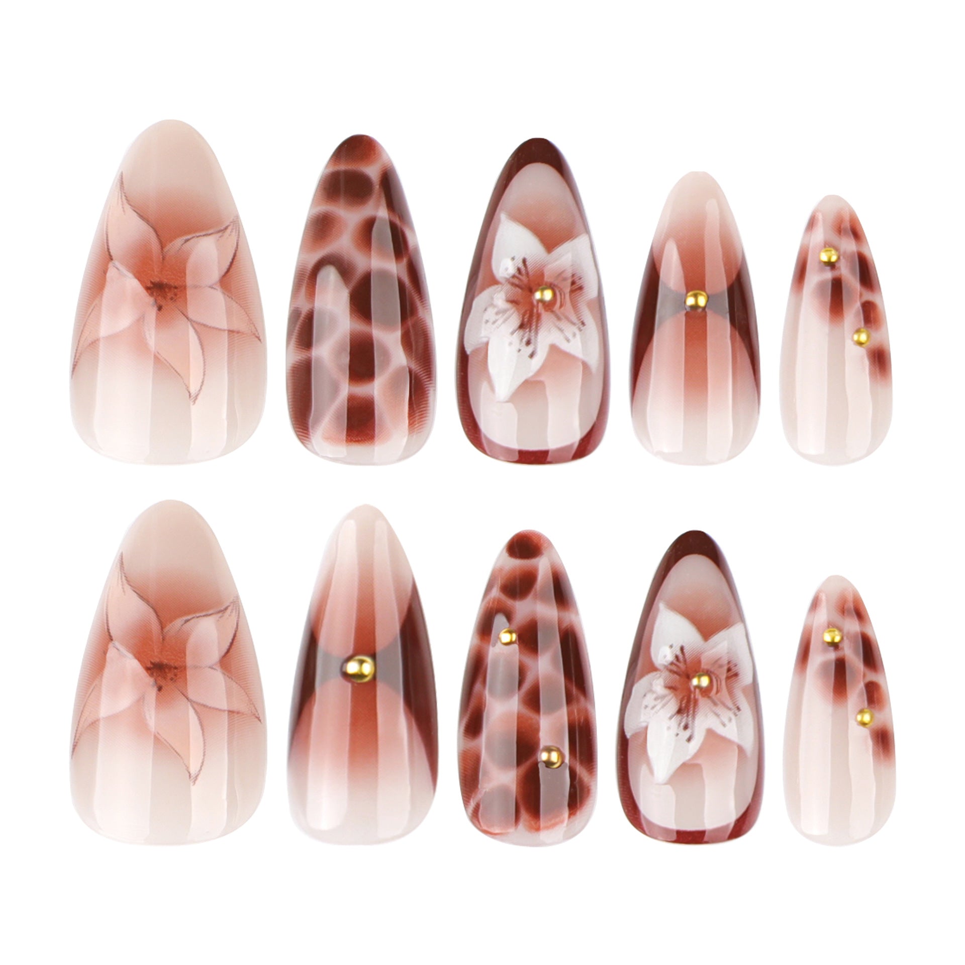 Elegant Stiletto Press-On Nails with 3D Floral & Animal Print – Brown Nude