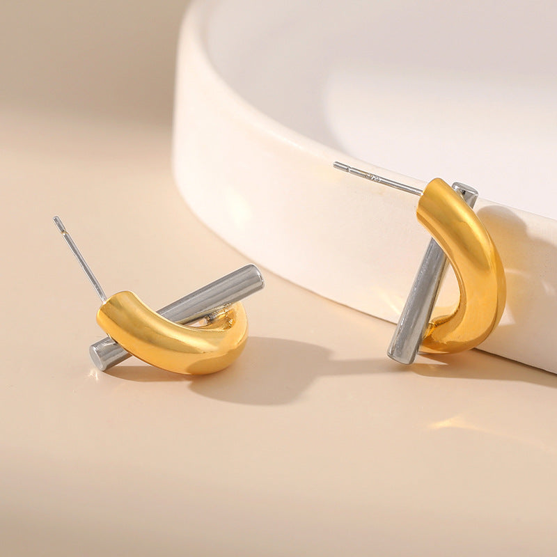 Dual-Tone Crossbar Hoop Earrings – Gold & Silver Modern Minimalist Design