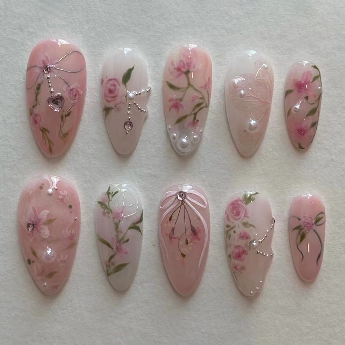 Romantic Rose Press-On Nails – Long Almond Floral Design with Pearls & Bows