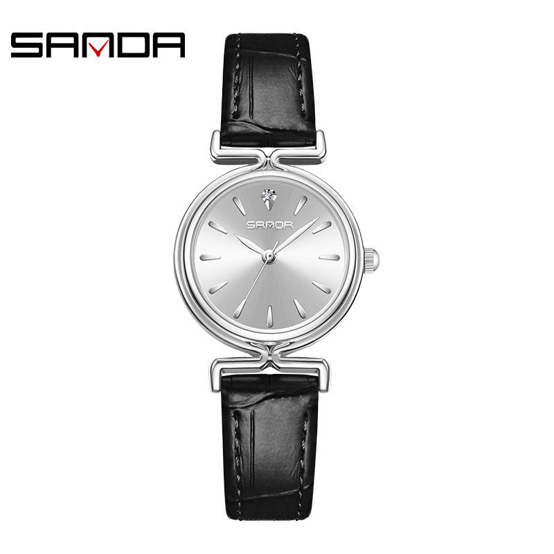 Sanda Women’s Retro Leather Quartz Watch – Classic Round Dial, Waterproof Casual Watch