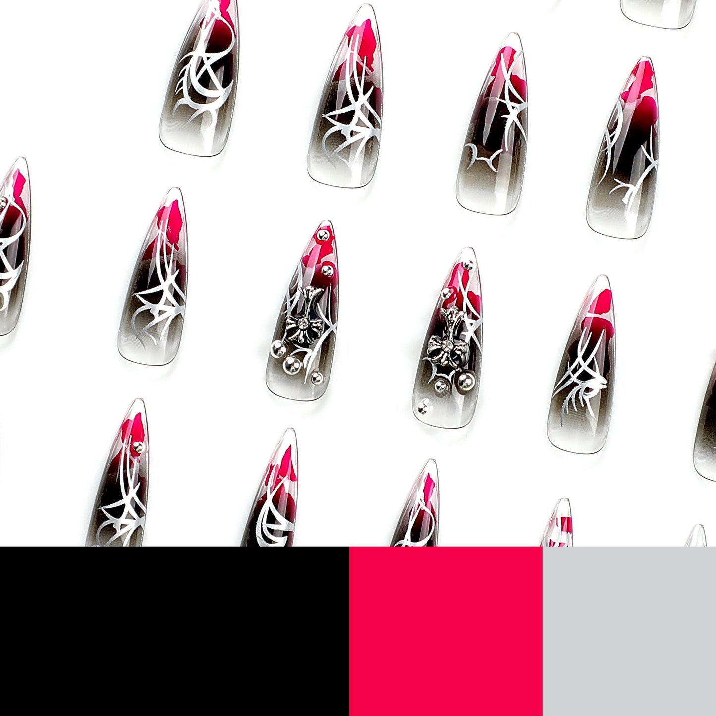Gothic Chrome Stiletto Press-on Nails – Long Black Burgundy 3D Stud Design