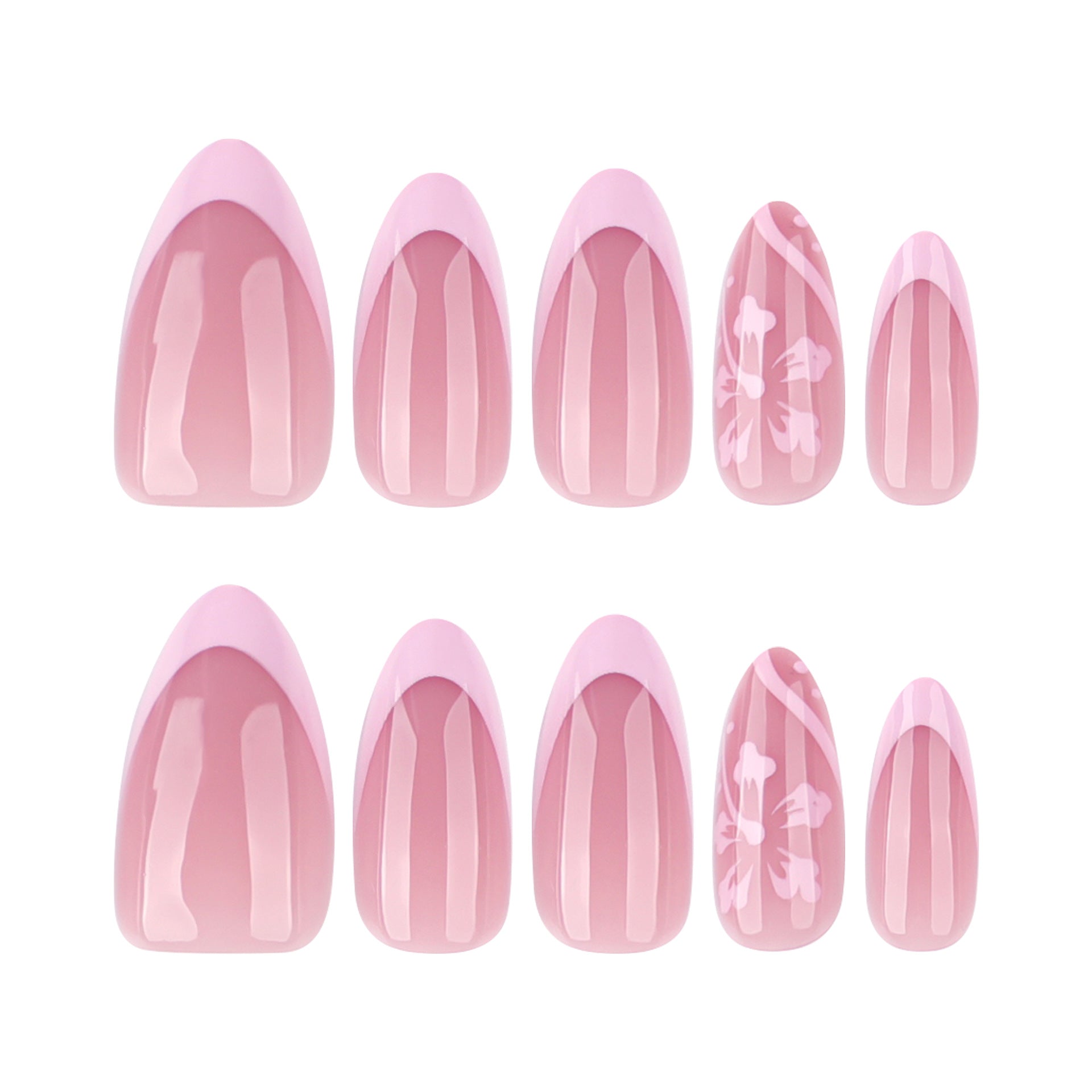 Pink Floral Almond Press-On Nails – French Tip Medium Glue-On Set