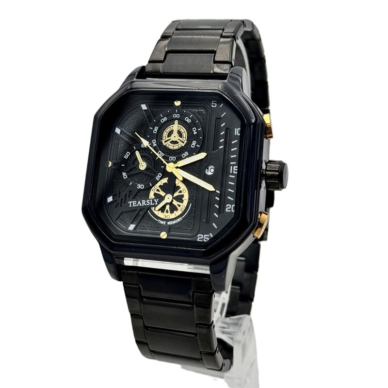 Men's Square Dial Quartz Watch – Waterproof Stainless Steel Band, Large