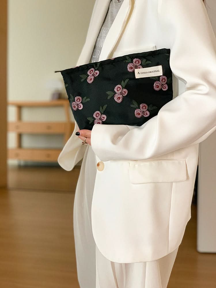 Retro Floral Cosmetic Bag for Women – Canvas-Lined Travel Toiletry Organizer