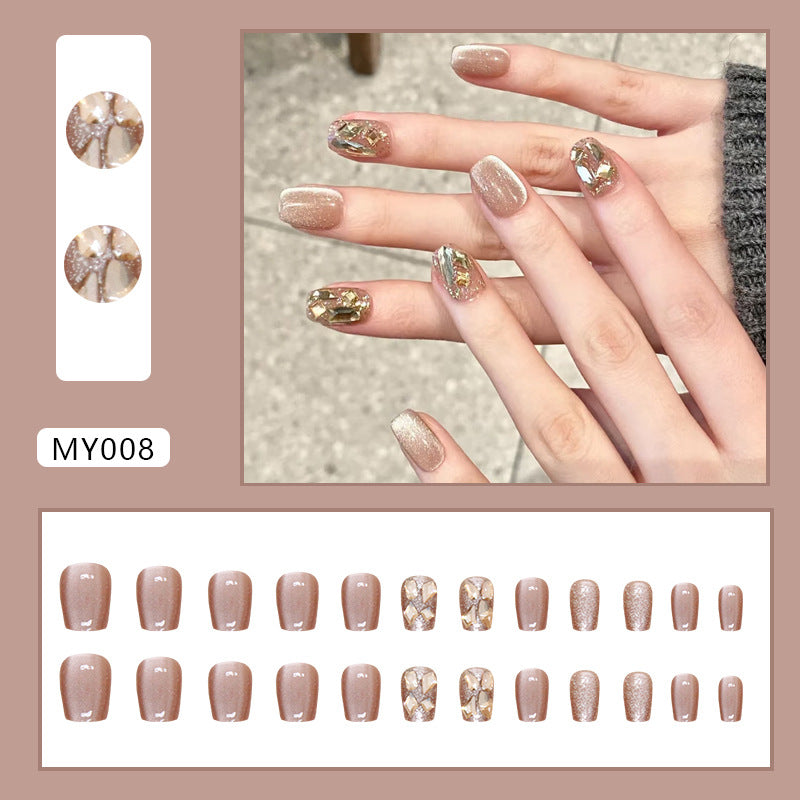 Cat Eye Rhinestone False Nails – Short Ballet Style, Glue-On & Detachable Nail Set