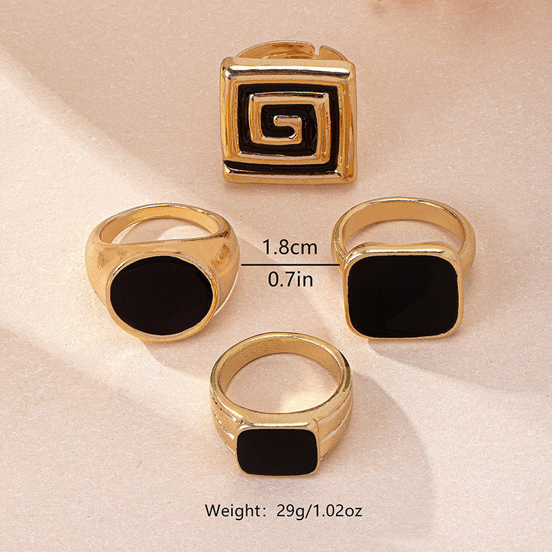 Black Geometric Enamel Ring for Women – Retro Alloy Fashion Jewelry