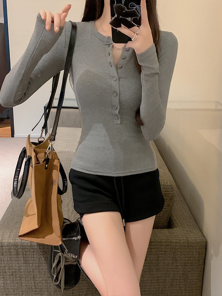 Spice Girls Women's Slimming Long-Sleeved T-shirt - Buttoned Shoulder, Spring & Autumn Base Top