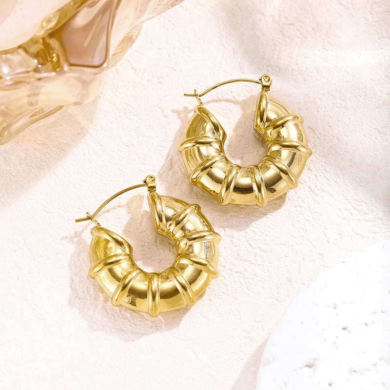 Chunky Retro Gold Hoop Earrings - Lightweight Stainless Steel Spiral Wrap Design