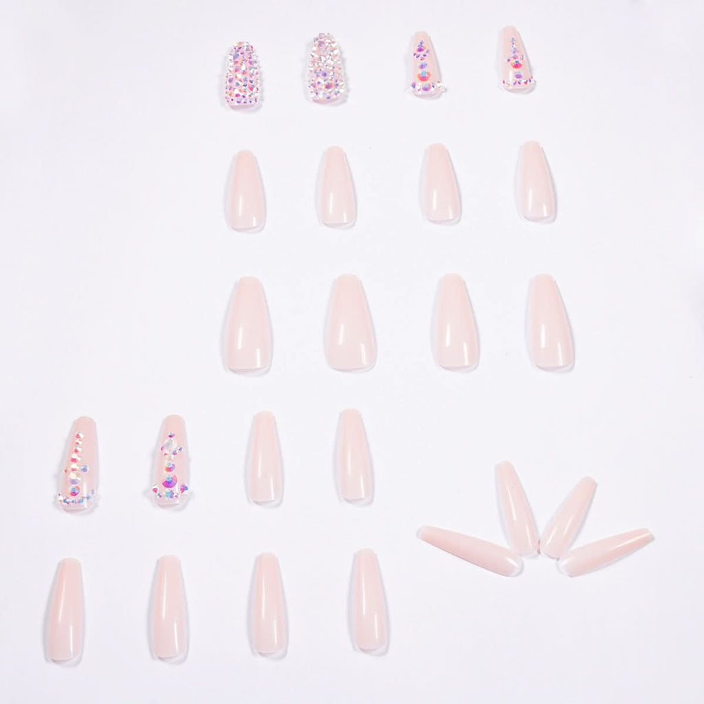 Nude Long Ballet Press-On Nails – 24-Piece Rhinestone Nail Art Set