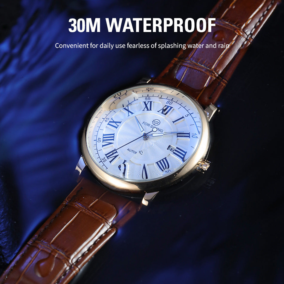 Men’s Automatic Mechanical Watch – 44mm Calendar Dial, Waterproof Leather Strap