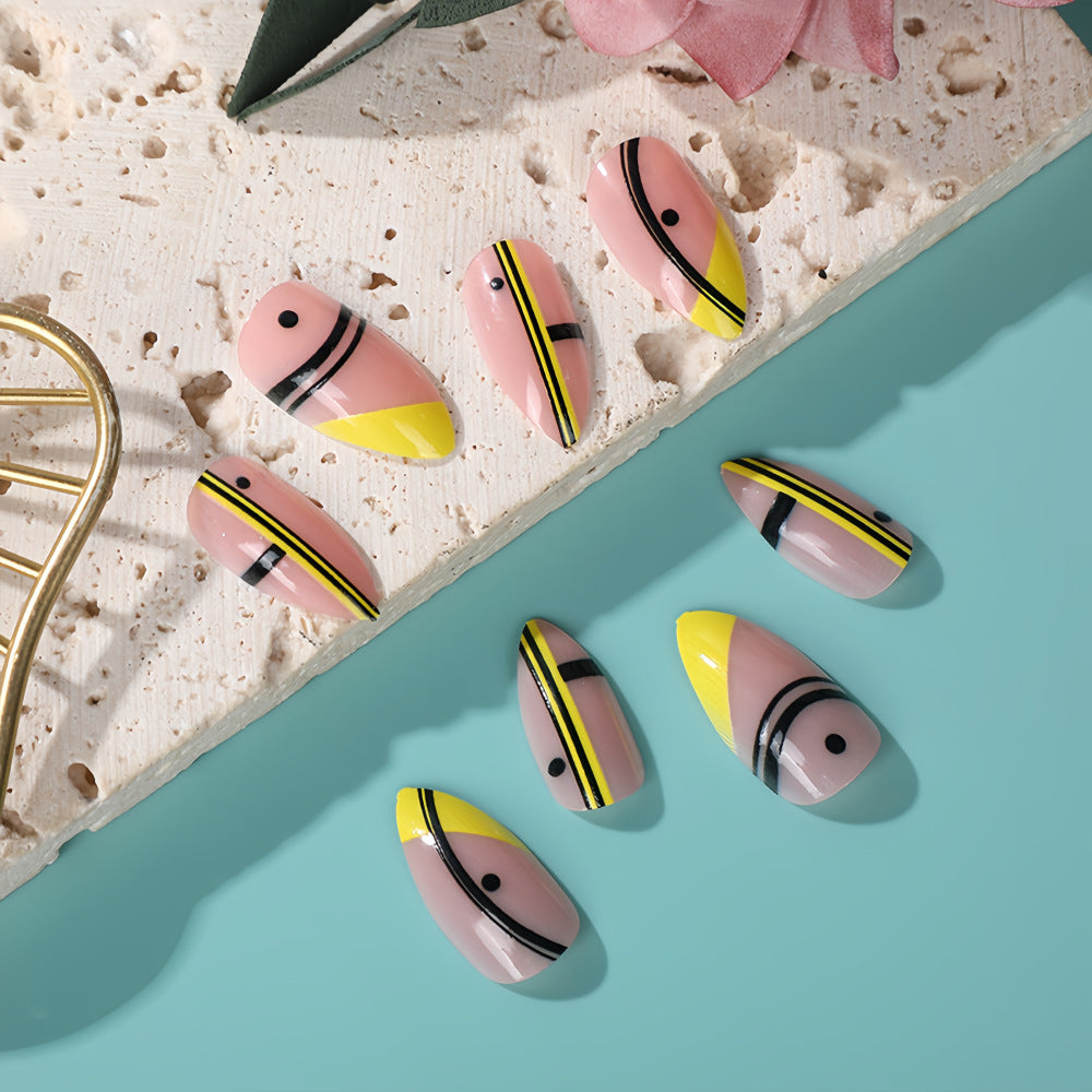 Modern French Tip Almond Press-On Nails – Yellow Nude Geometric Acrylic Set