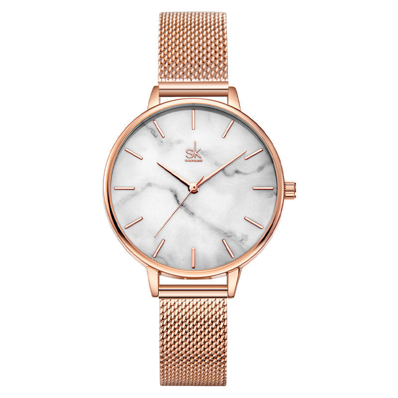 SK Women’s Quartz Watch – Marble Pattern Dial, Thin Strap, 30M Waterproof