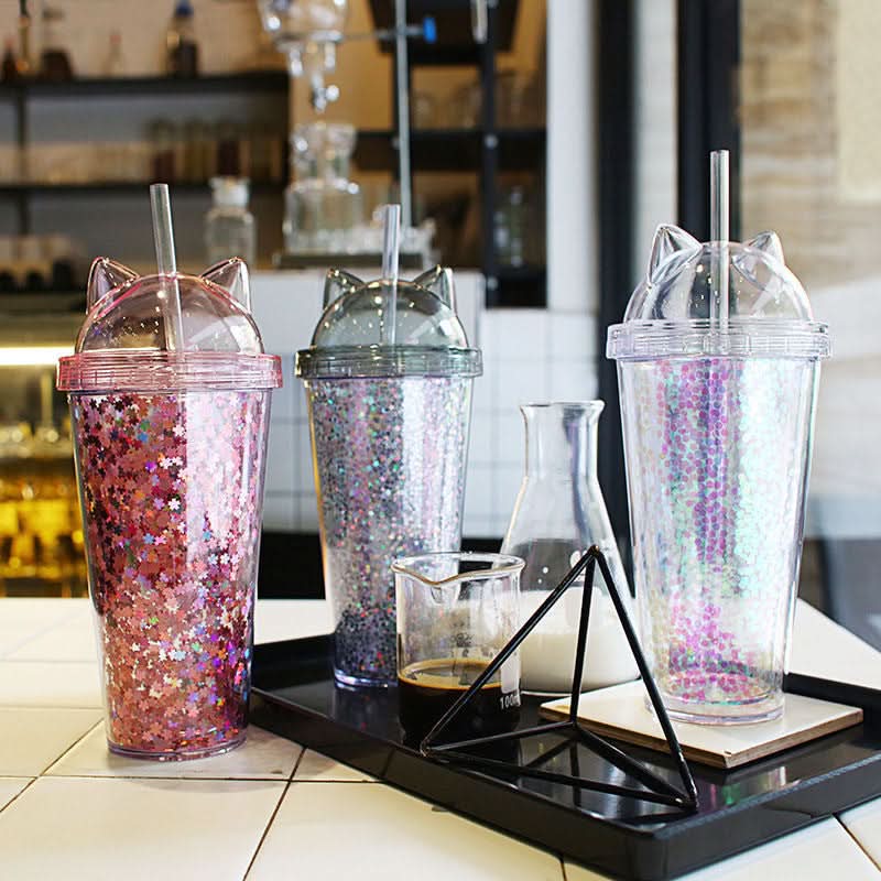 Cute Cat Ear Glitter Straw Cup, 450ml