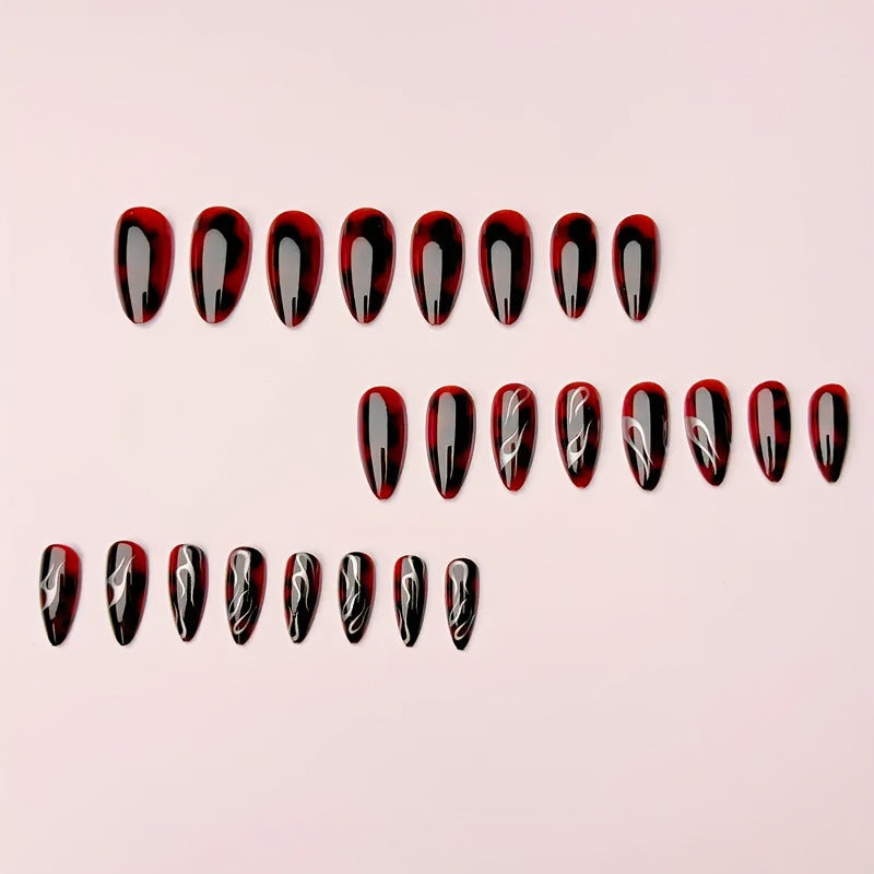 Claret Press-On Nails with Silver Swirl, Long Stiletto Acrylic Glue-On Set