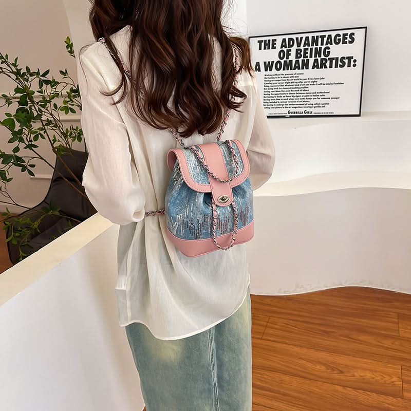 Women's Small Sequin Chain Bucket Backpack – Casual & Stylish