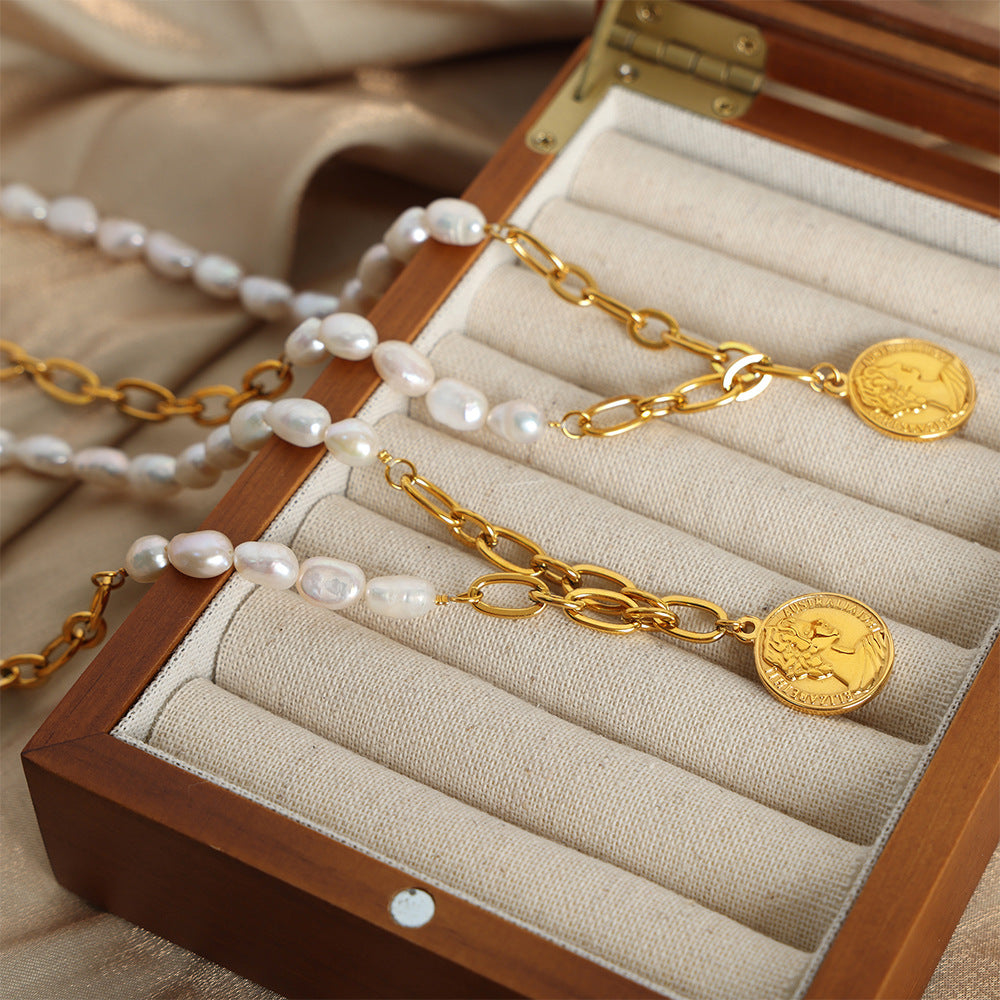Gold Vintage Pearl Necklace with Freshwater Pearl Pendant – Titanium Steel Jewelry