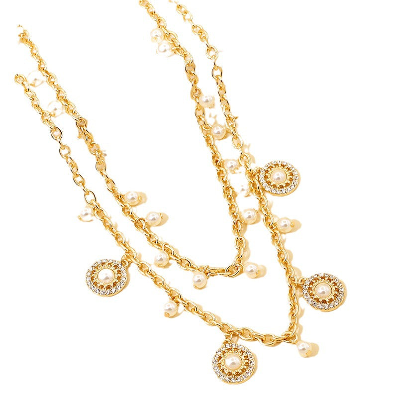 Double Pearl Tassel Necklace – Elegant Gold-Plated Pendant Chain for Women