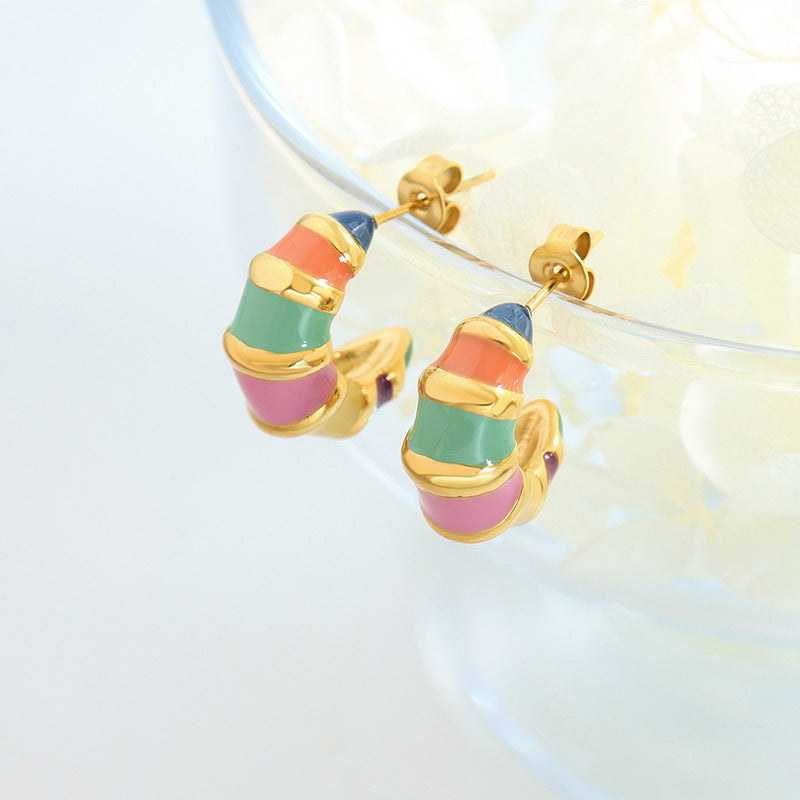 Retro Striped Enamel Earrings for Women – Non-Fading Titanium Steel Jewelry