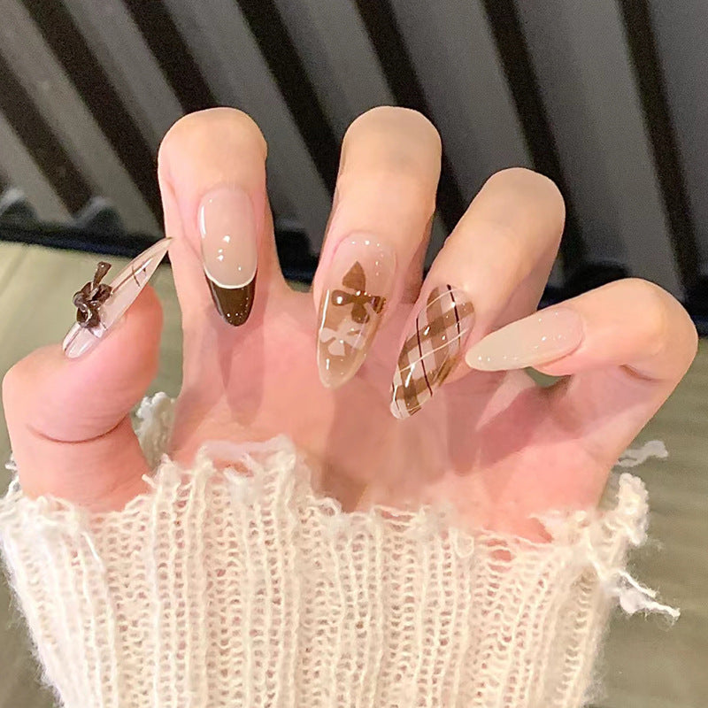 Fashionable Plaid Press-On Nails with Bow Design, Long Stiletto Acrylic Glue-On Set