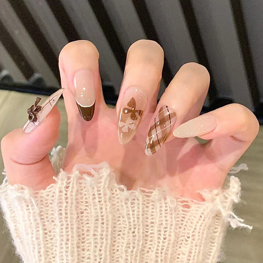 Fashionable Plaid Press-On Nails with Bow Design, Long Stiletto Acrylic Glue-On Set