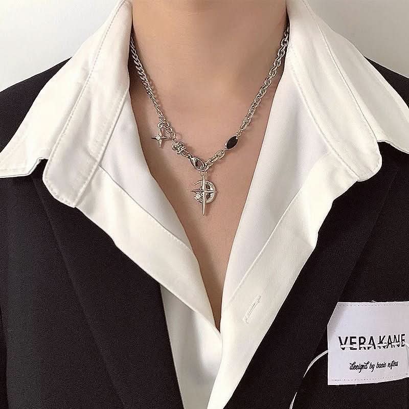 Men’s Hip-hop Style Titanium Steel Star & Moon Pendant Necklace