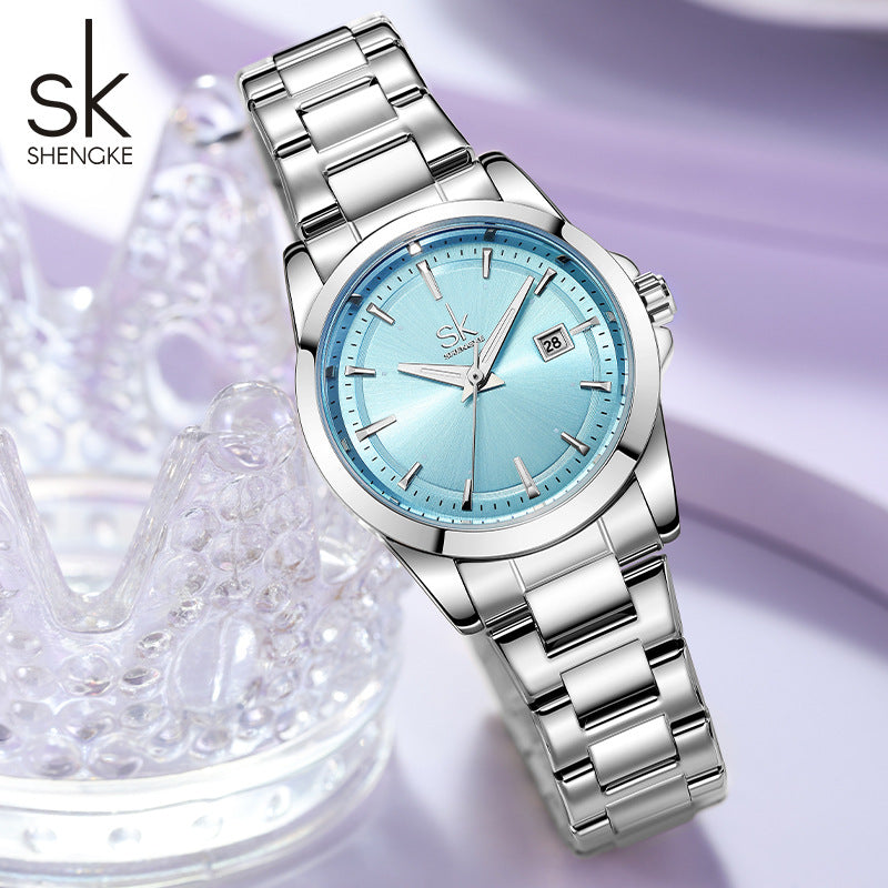 SK Women’s Stainless Steel Quartz Watch – Fashion Round Dial, Waterproof Wristwatch