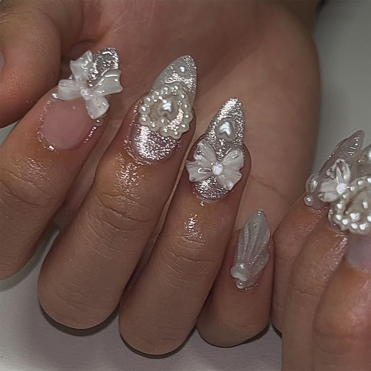 Almond French Press-On Nails – 3D Bow & Pearl Cat Eye False Nail Set