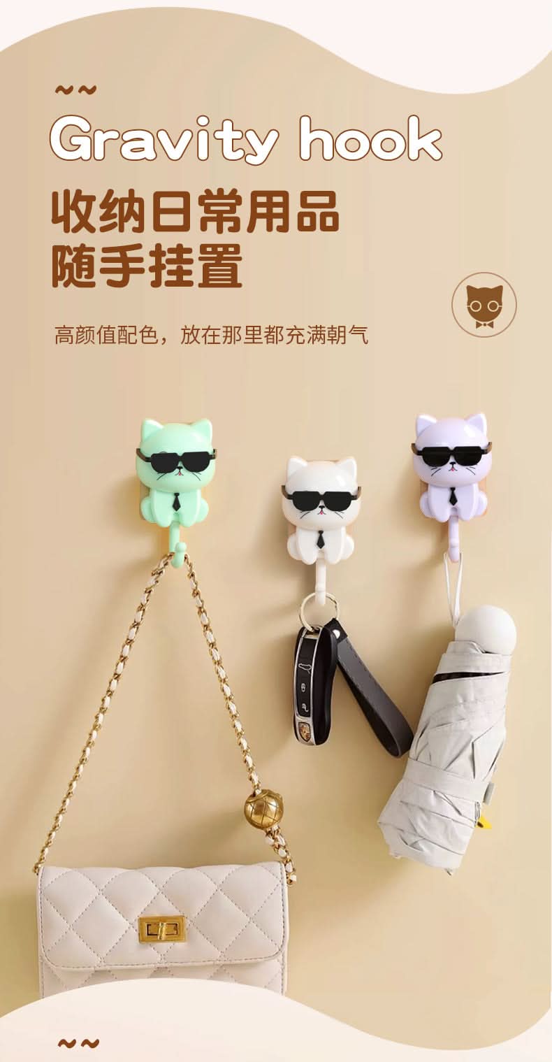Cute Black Cat Wall Hook – No-Drill Adhesive Key Holder, Rotating Eyes