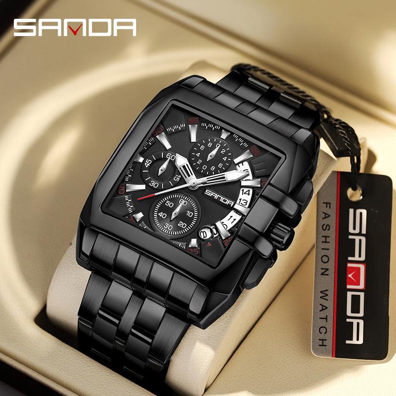 SANDA Luminous Men’s Square Quartz Watch – Stainless Steel Strap with Calendar