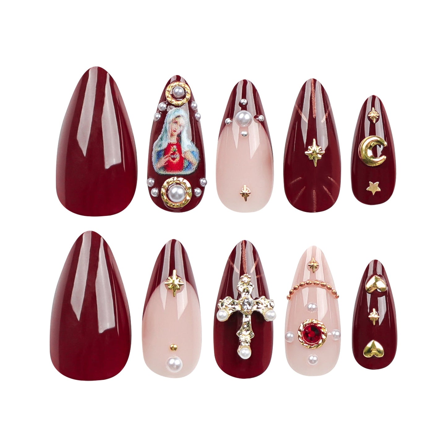 Religious-Themed Press-On Nails – Long 3D Cross & Moon Design Acrylic Nail Set