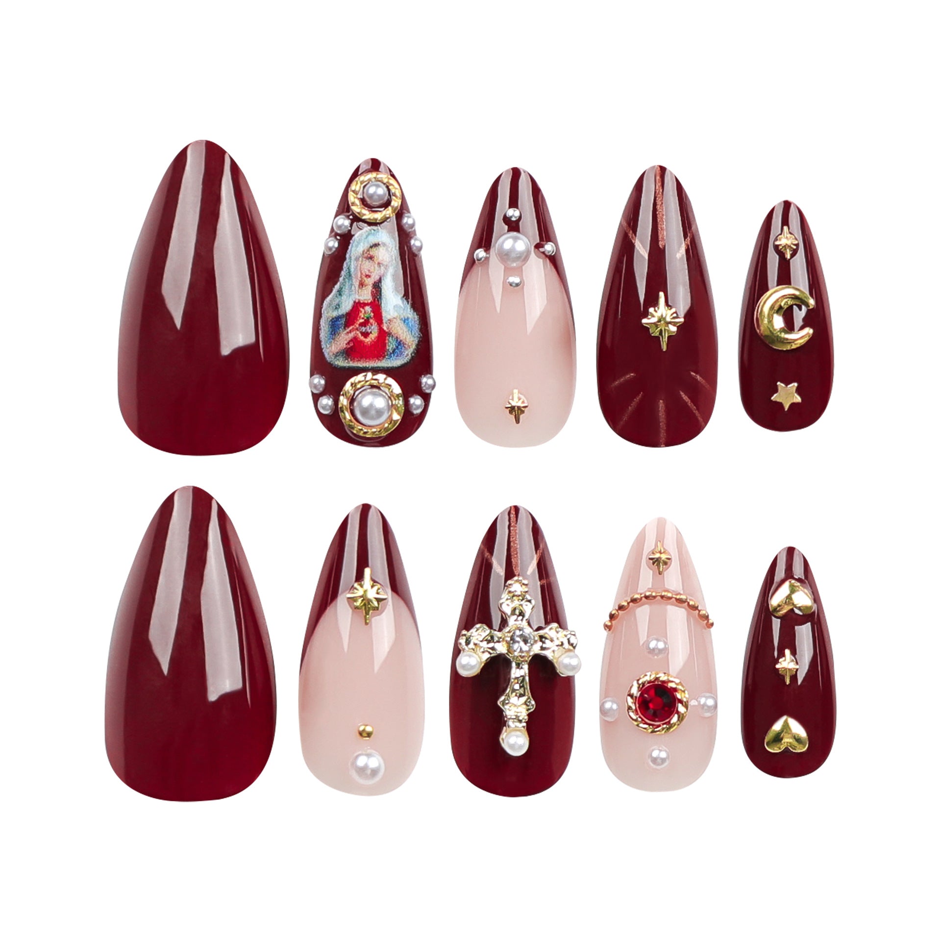 Religious-Themed Press-On Nails – Long 3D Cross & Moon Design Acrylic Nail Set