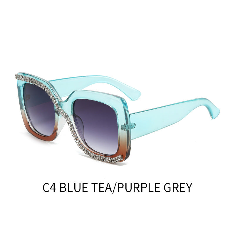 Women’s Oversized Box Sunglasses – UV400 Light-Tinted Fashion Shades with Rhinestones